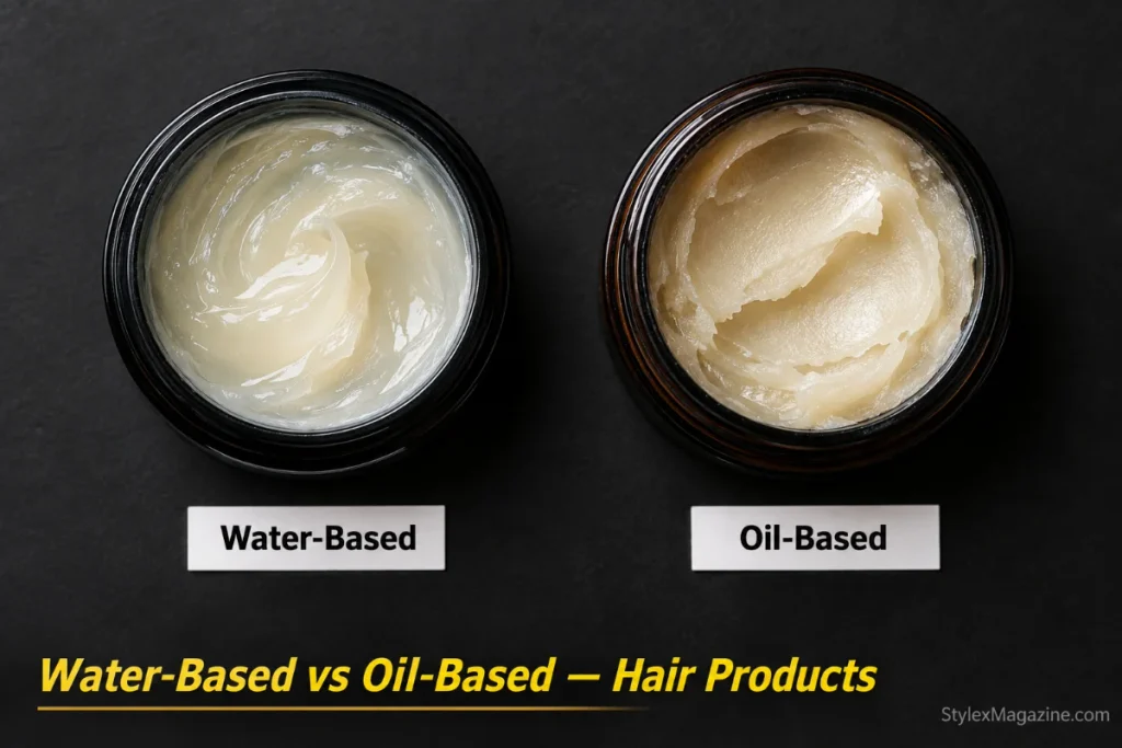 Two open pomade jars side by side showing the texture difference between water-based and oil-based pomade