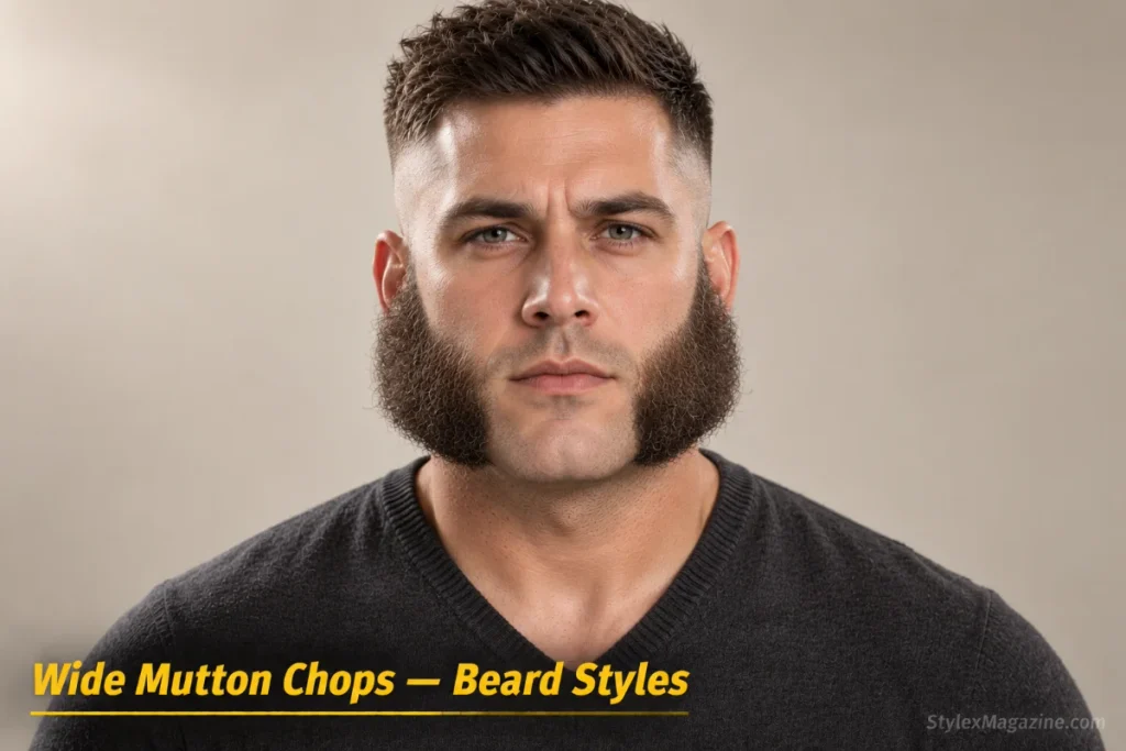 Man with wide mutton chops: 4-5 inches of horizontal coverage dominating the side profile