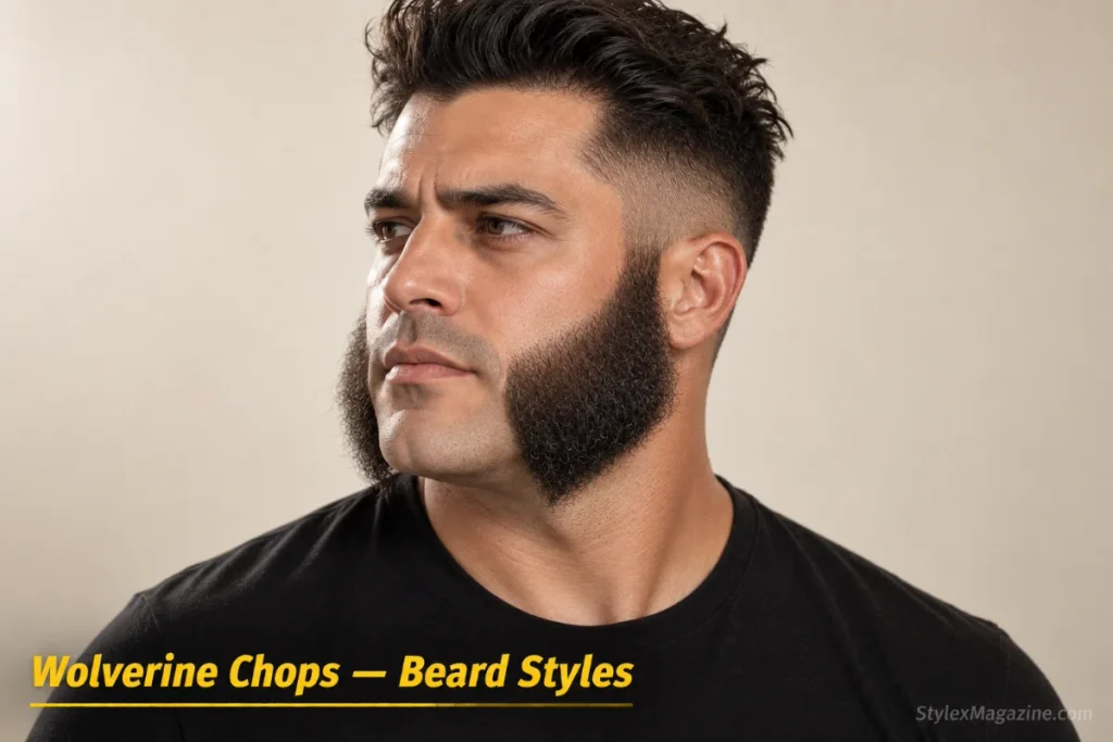 Man with Wolverine-style mutton chops: thick exaggerated sideburns extending wide and pointed toward the chin