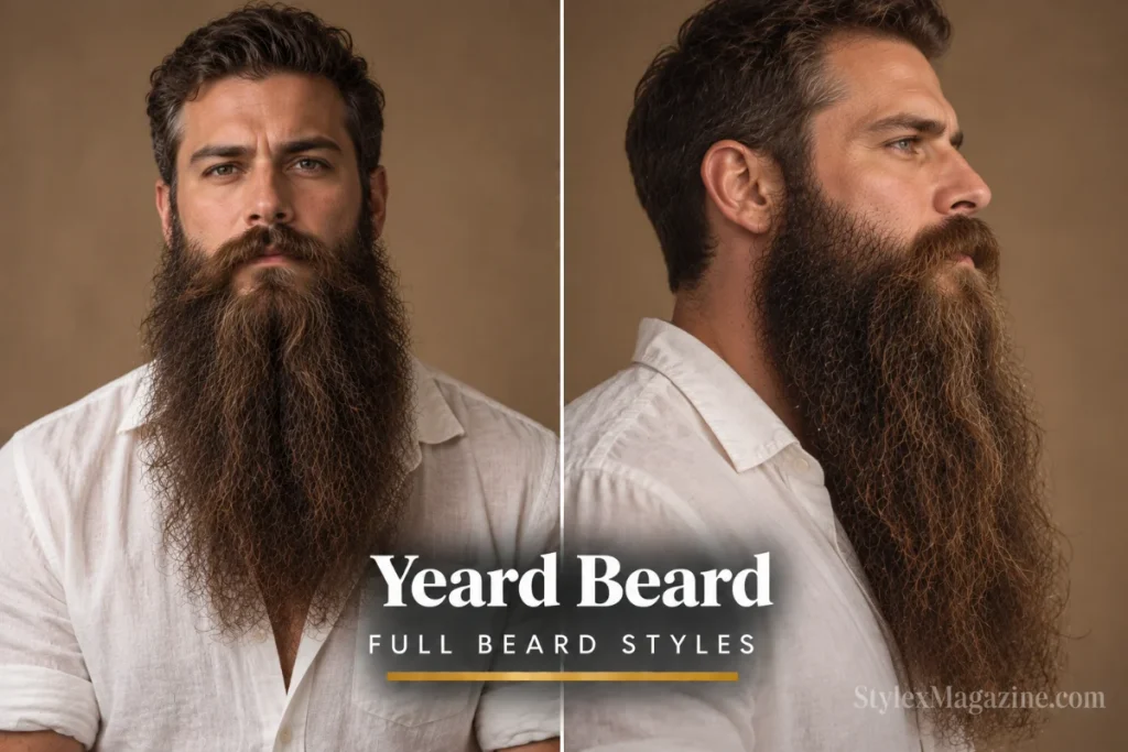 Yeard beard grown for one year without trimming showing significant natural length and density, front and side profile view