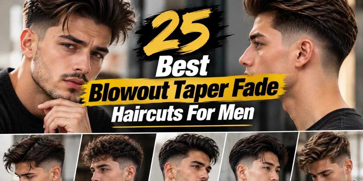 5 Best Blowout Taper Fade Haircuts for Men featured image showing men with voluminous blowout hairstyles, tapered fade sides, and multiple haircut variations, with bold yellow and white typography and StylexMagazine.com watermark.