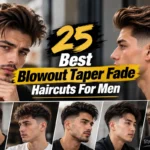 5 Best Blowout Taper Fade Haircuts for Men featured image showing men with voluminous blowout hairstyles, tapered fade sides, and multiple haircut variations, with bold yellow and white typography and StylexMagazine.com watermark.