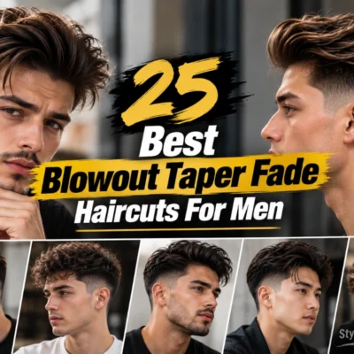 5 Best Blowout Taper Fade Haircuts for Men featured image showing men with voluminous blowout hairstyles, tapered fade sides, and multiple haircut variations, with bold yellow and white typography and StylexMagazine.com watermark.