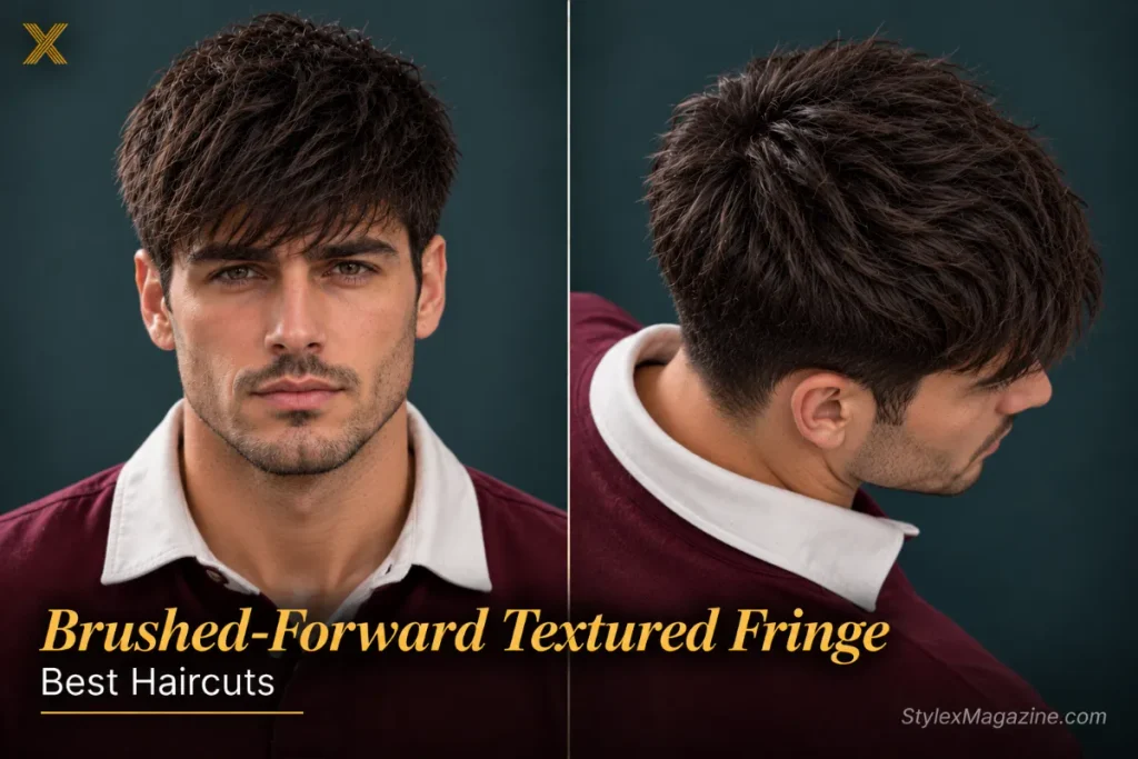 Brushed-forward textured fringe from the crown