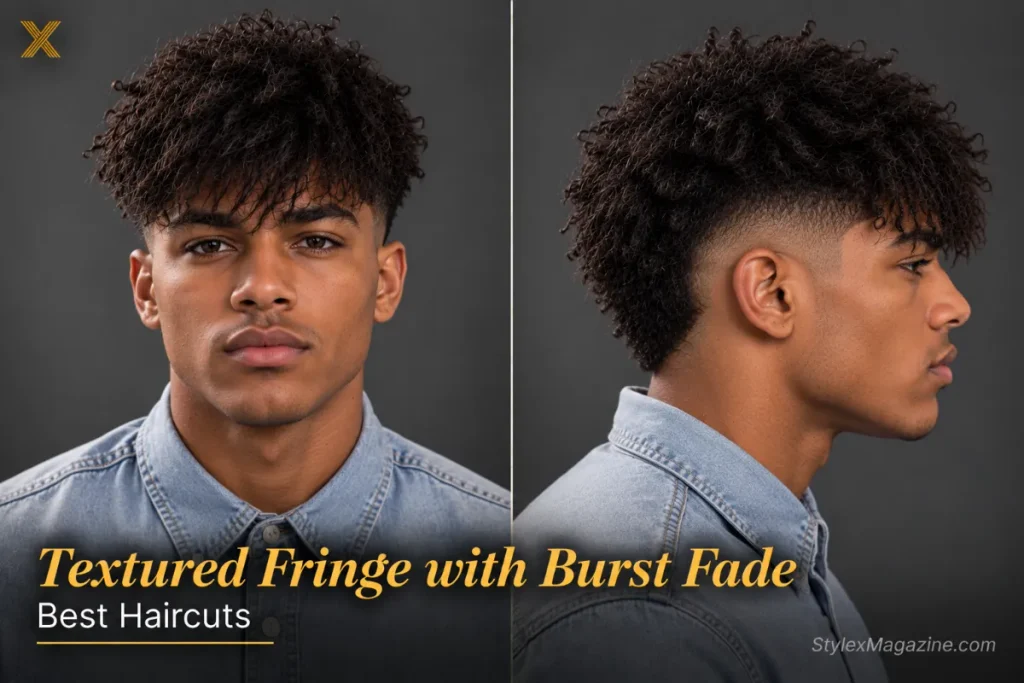 Textured fringe with a burst fade around the ear