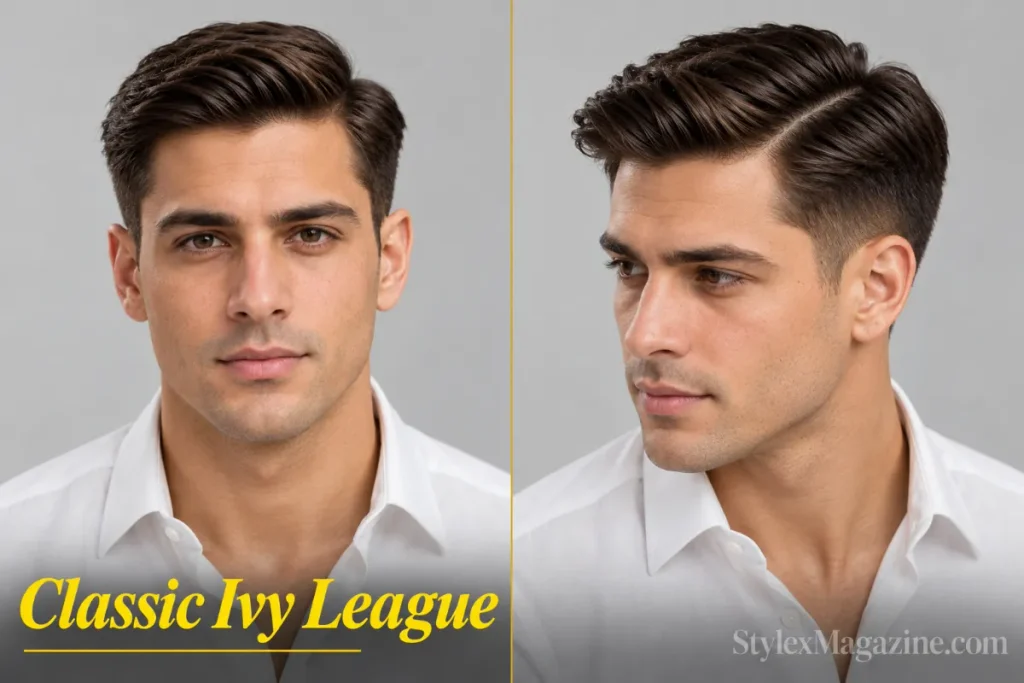 Classic ivy league haircut with a side part on a light-skinned man, front view and left three-quarter angle showing scissor-blended taper 