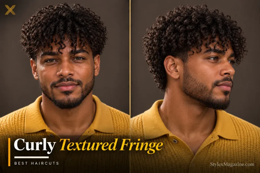  Curly textured fringe with scissor-cut sides