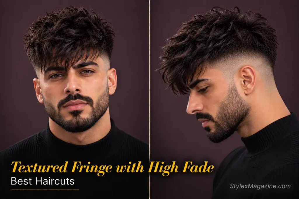 High fade textured fringe with length left on top