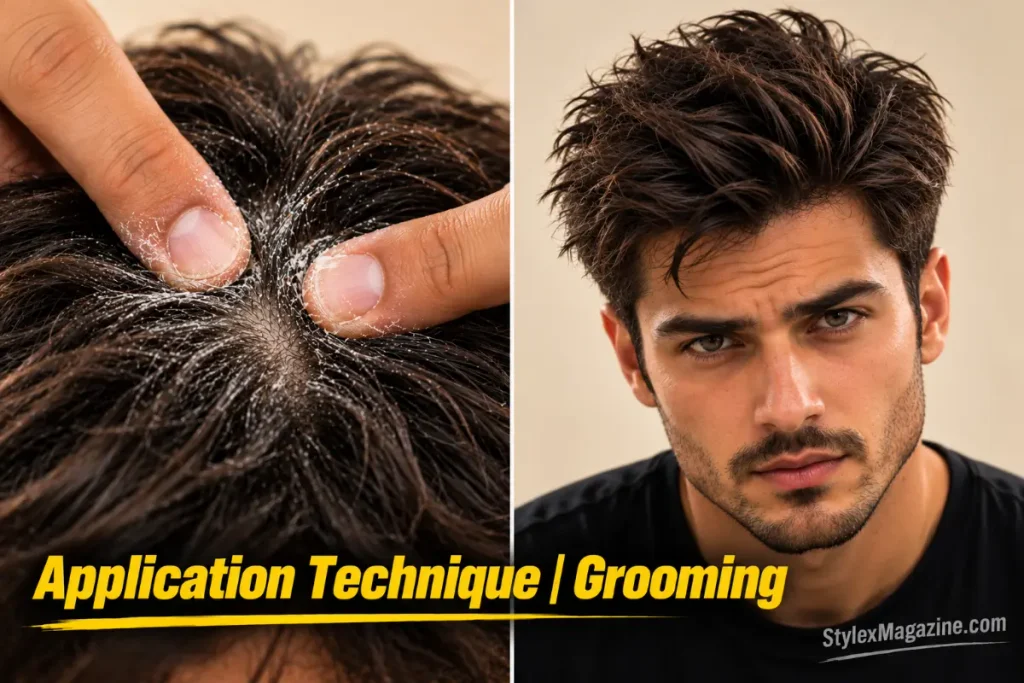 Close-up of fingertips pressing texture powder into hair roots using circular massage technique
