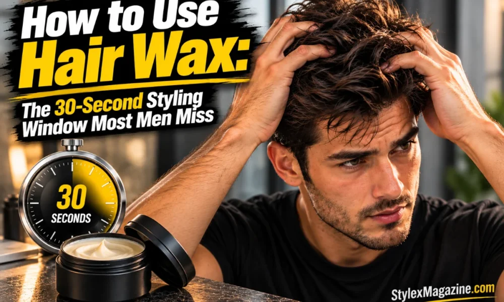 How to Use Hair Wax: The 30-Second Styling Window Most Men Miss featured image showing a man styling textured hair with both hands, a 30-second timer, and an open hair wax jar.