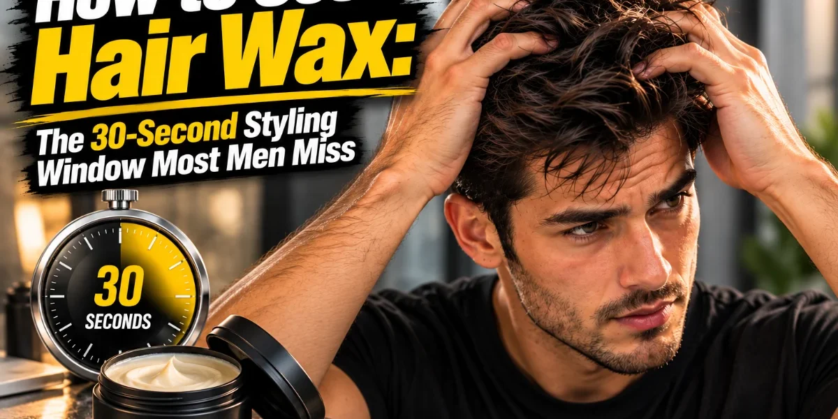How to Use Hair Wax? The 30-Second Styling Window Most Men Miss How to Use Hair Wax: The 30-Second Styling Window Most Men Miss featured image showing a man styling textured hair with both hands, a 30-second timer, and an open hair wax jar.