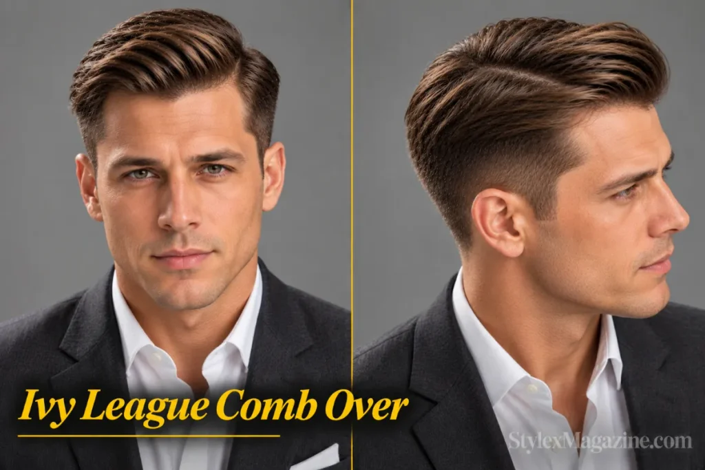 Ivy league comb over haircut on a light-skinned man, front view and right side showing volume swept to one side with a deep part