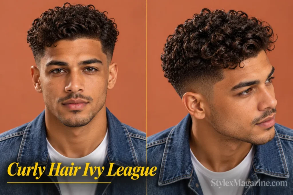  Ivy league haircut for curly hair on a mixed-race man, front view and right three-quarter showing defined curls on top with tapered sides