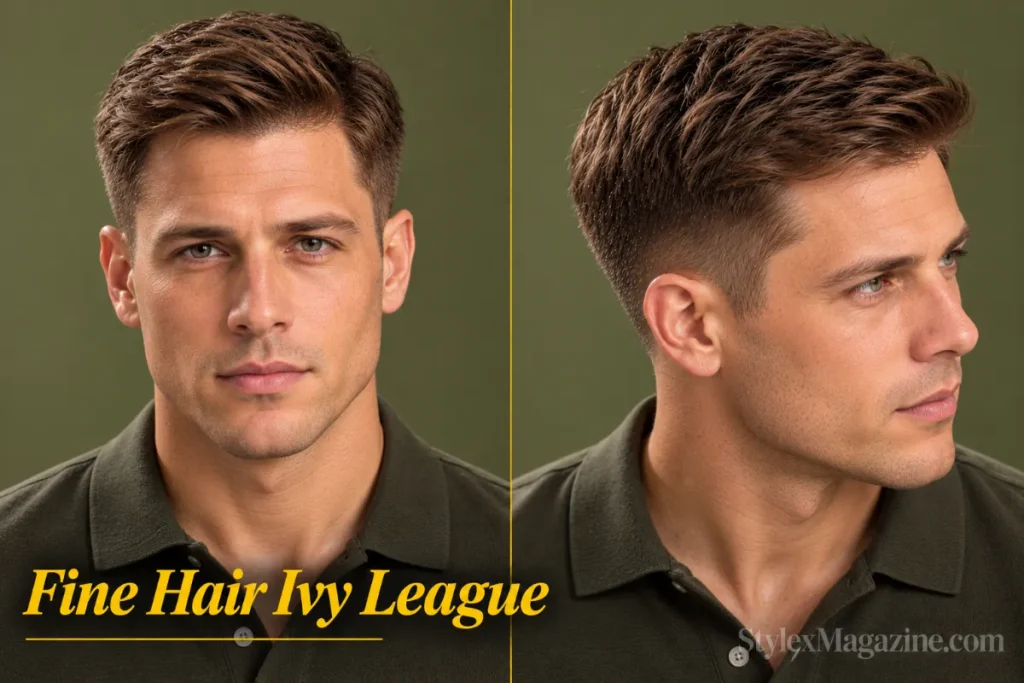  Ivy league haircut for fine or thin hair on a man in his mid-30s, front view and right three-quarter showing blunt-cut ends creating density