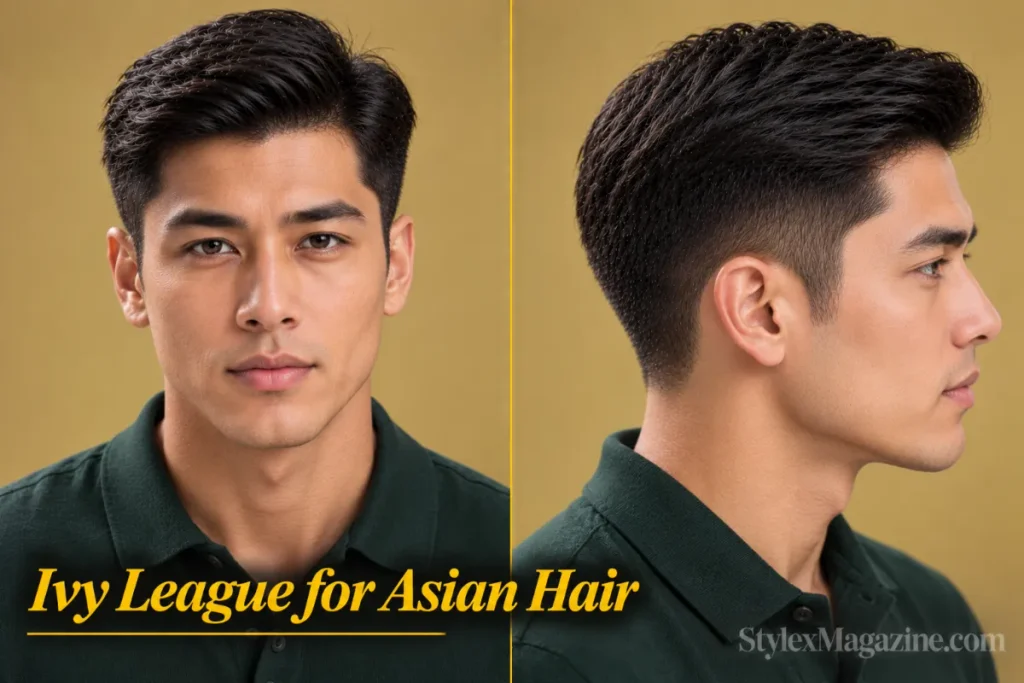  Ivy league haircut for Asian hair on an East Asian man, front view and right side profile showing the parietal ridge blend on thick straight hair 