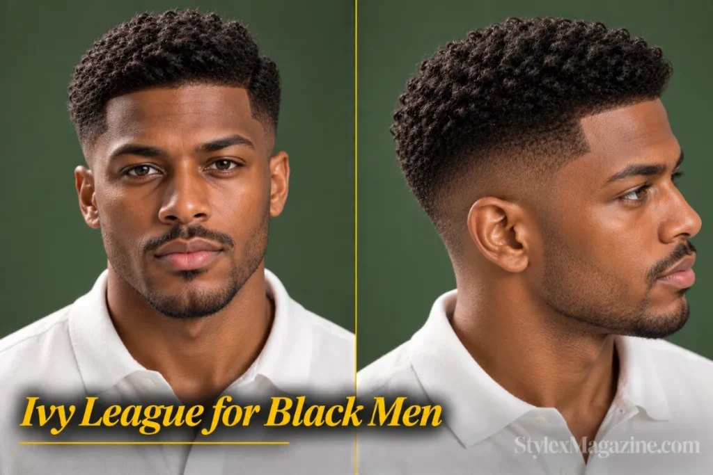  Ivy league haircut for Black men with coily hair, front view and left side showing curl texture on top with a temple fade 