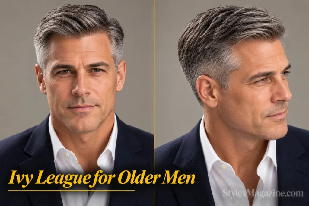  Ivy league haircut for older men with grey hair, front view and left three-quarter showing conservative proportions with slightly longer sides