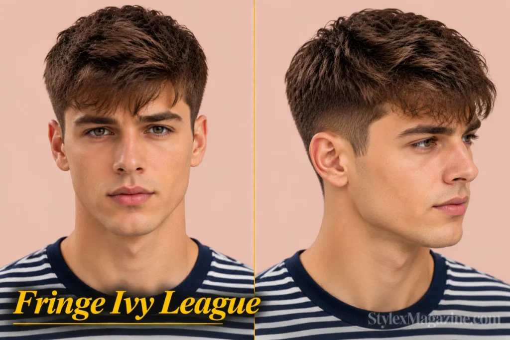  Ivy league haircut with fringe on a young man, front view and right three-quarter showing the front swept forward across the forehead