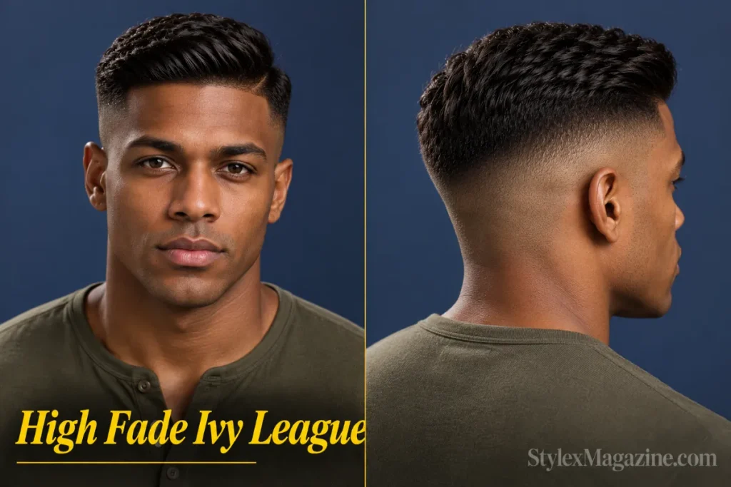 vy league haircut with a high fade on a Black man, front view and back-right angle showing the fade above the temple with volume on top 