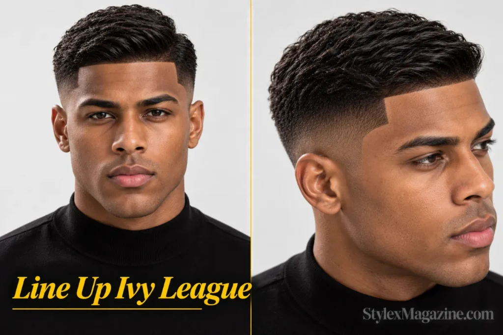  Ivy league haircut with a sharp line up on a Black man, front view and close-up front-right showing the razor-defined hairline at the temple