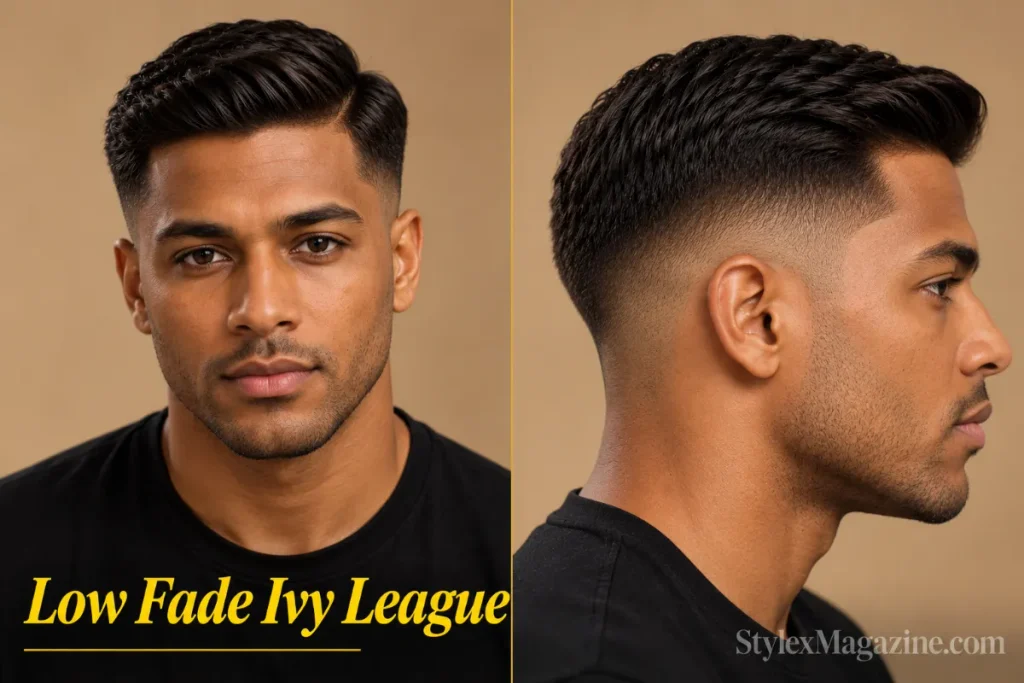  Ivy league haircut with a low fade on a dark-skinned man, front view and close-up right side showing the fade gradient from ear to temple