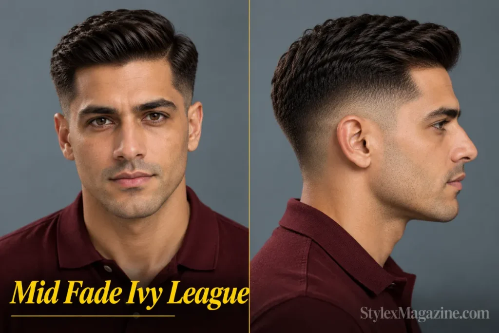: Ivy league haircut with a mid fade on an olive-skinned man, front view and left side profile showing the temple-line fade 
