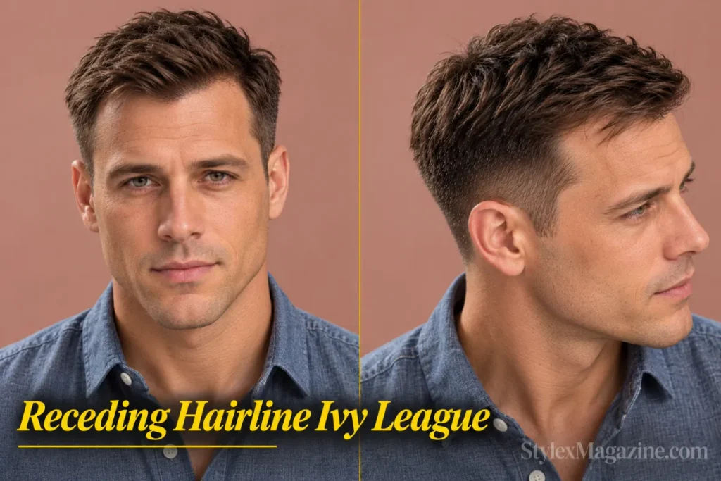  Ivy league haircut for a receding hairline on a man in his 40s, front view and right side showing hair brushed forward across the hairline