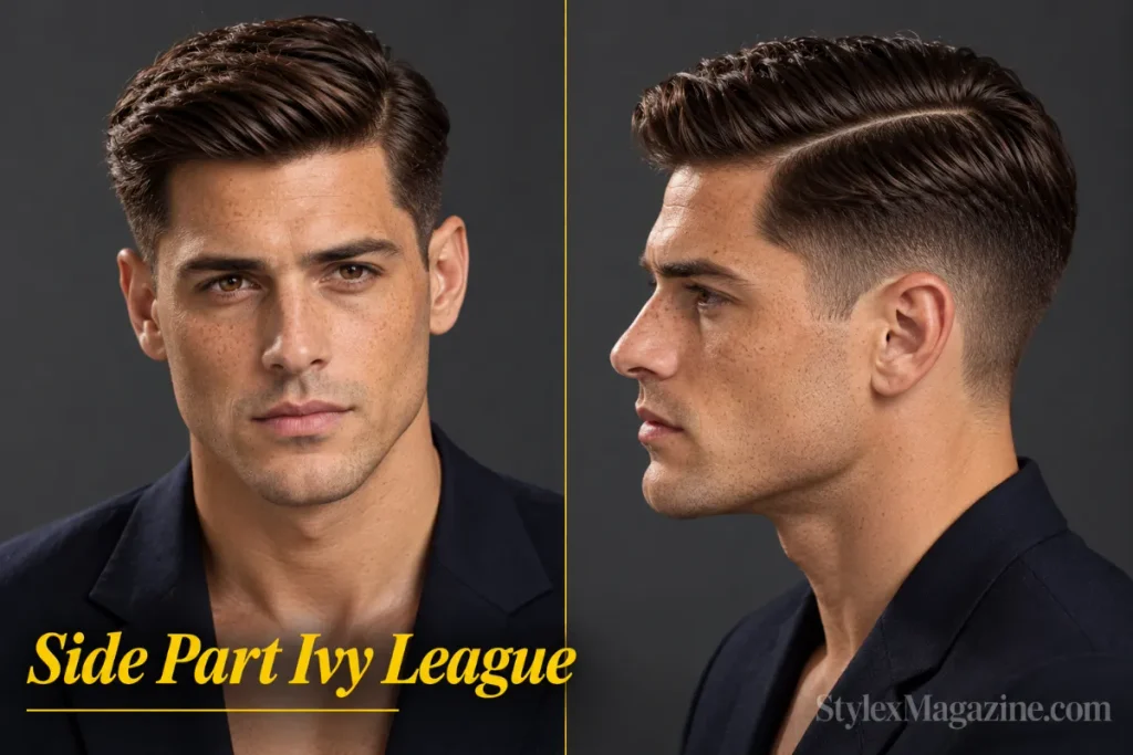  Ivy league haircut with a defined side part on a light-skinned man, front view and left side showing the part line from front to crown