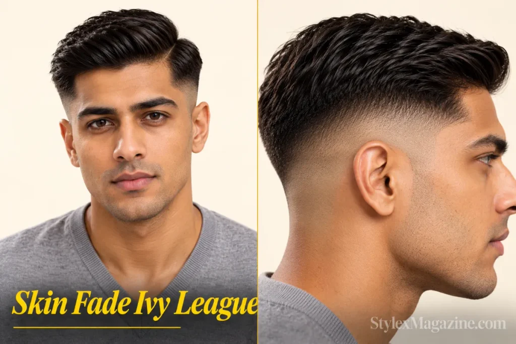Ivy league haircut with a skin fade on a South Asian man, front view and close-up of the right temple showing the skin-to-hair gradient