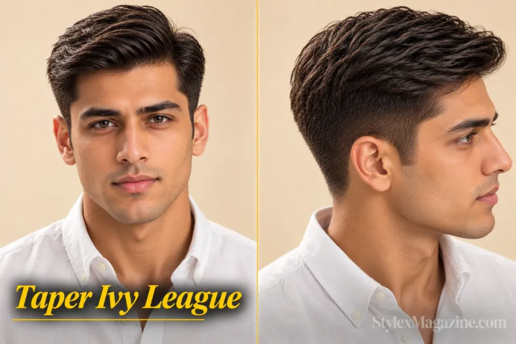 Ivy league haircut with an all-scissor taper on a South Asian man, front view and left side close-up showing the soft scissor-blended transition 