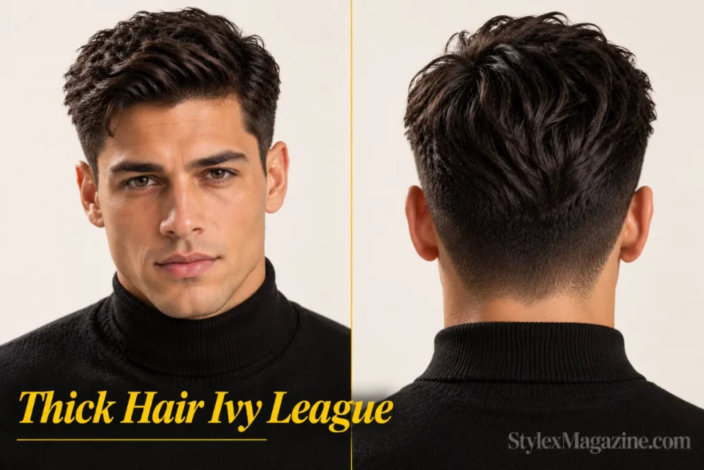  Ivy league haircut for thick hair on a Latino man, front view and back view showing controlled volume through point cutting 