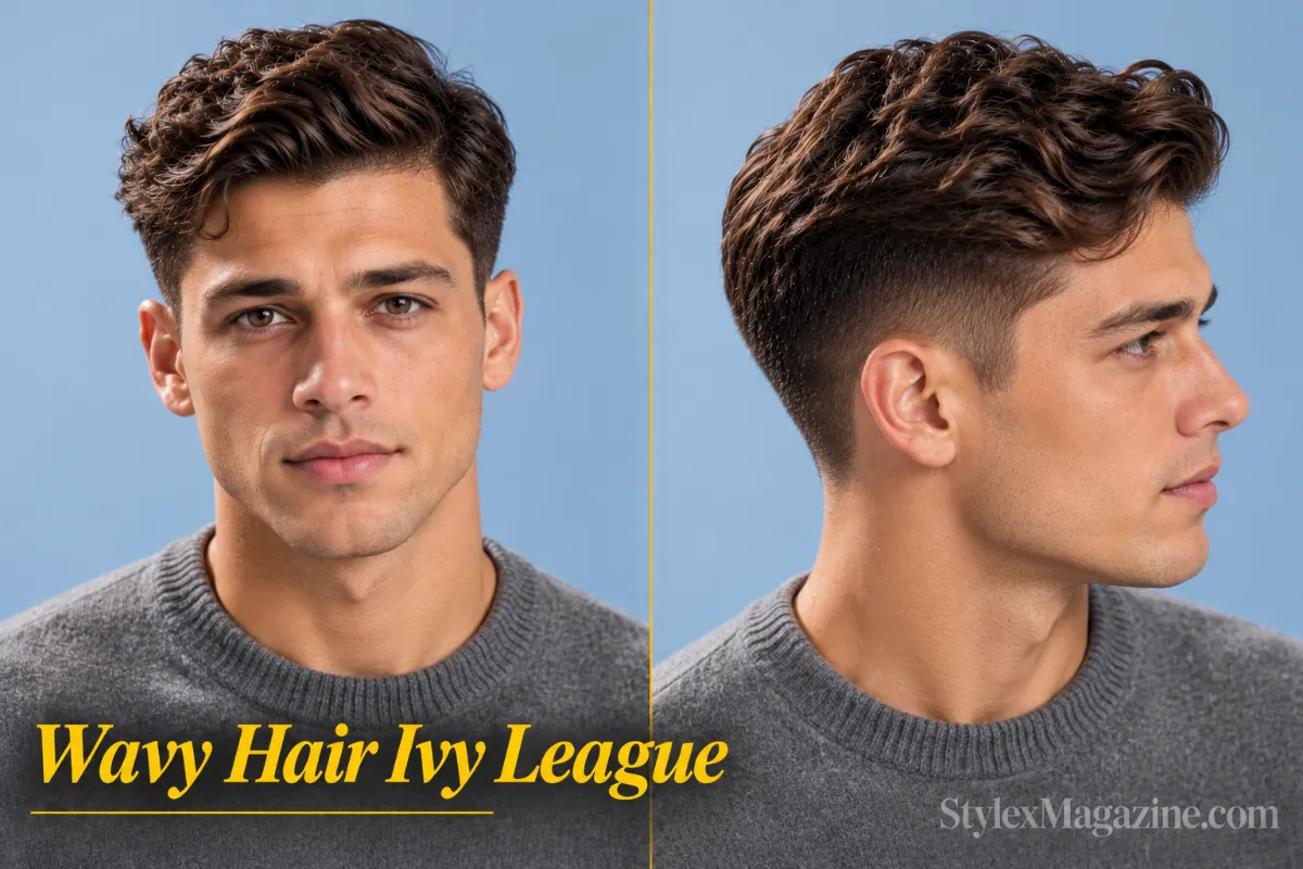  Ivy league haircut for wavy hair on a light-skinned man, front view and left side showing natural wave movement with tapered sides