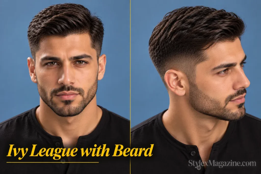  Ivy league haircut with a trimmed beard on a Middle Eastern man, front view and right three-quarter showing the taper blending into the beard line