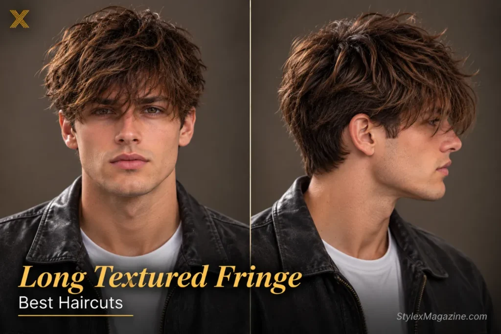  Long textured fringe falling past the eyebrows
