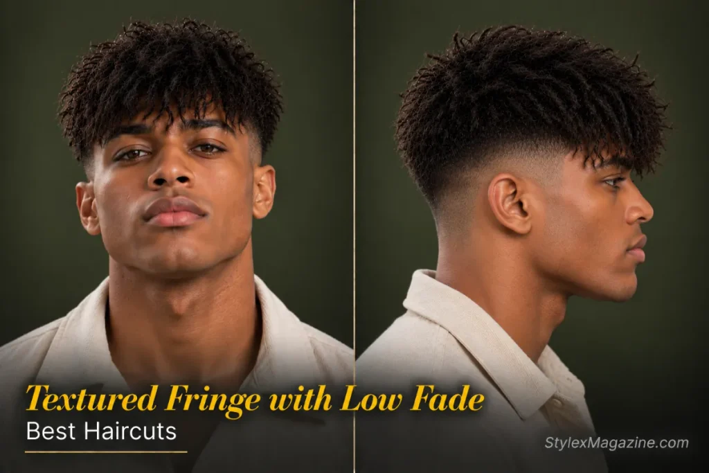  Low fade textured fringe with a brow-length front
