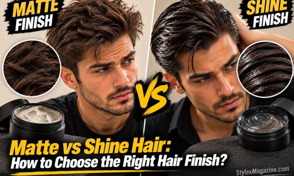 Matte vs Shine Hair featured image comparing a textured matte hairstyle with a glossy shine hairstyle, including hair product examples and a visual “VS” comparison.