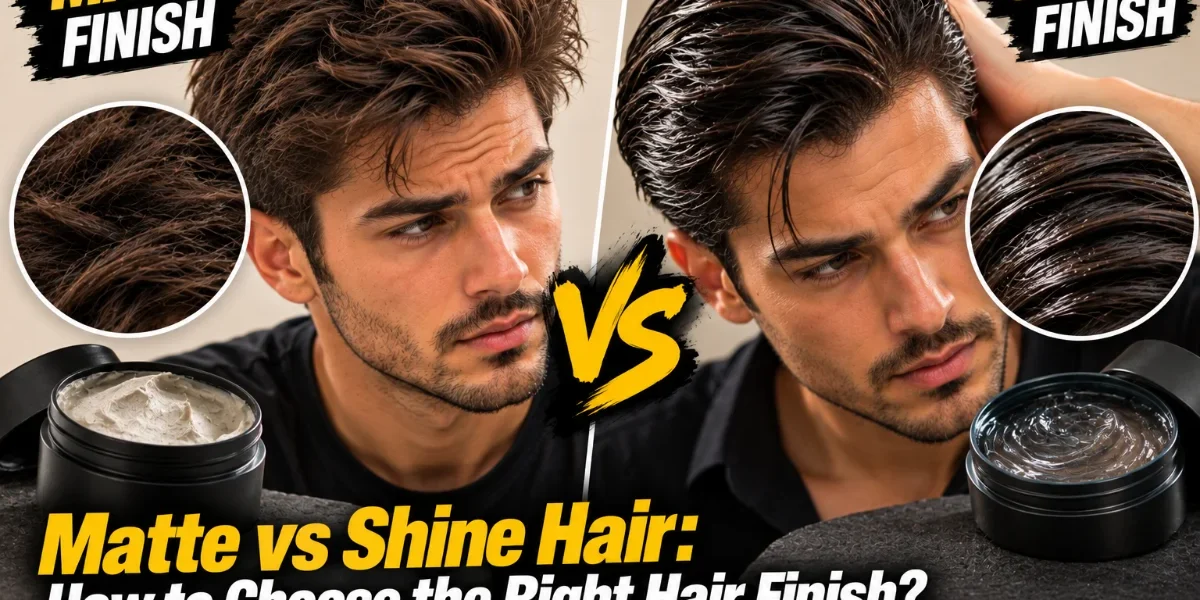 Matte vs Shine Hair: How to Choose the Right Hair Finish? Matte vs Shine Hair featured image comparing a textured matte hairstyle with a glossy shine hairstyle, including hair product examples and a visual “VS” comparison.