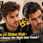 Matte vs Shine Hair featured image comparing a textured matte hairstyle with a glossy shine hairstyle, including hair product examples and a visual “VS” comparison.