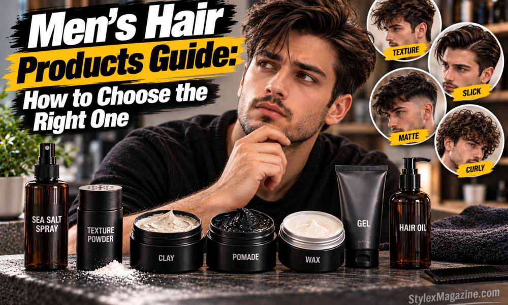 Hair Products Guide featured image showing a male model with textured hair surrounded by men's grooming products, including sea salt spray, texture powder, clay, pomade, wax, gel, and hair oil, with hairstyle examples and StylexMagazine.com branding.