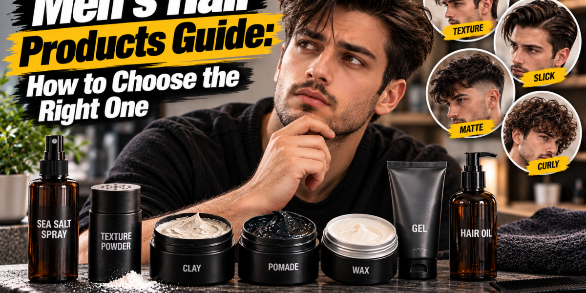Hair Products Guide featured image showing a male model with textured hair surrounded by men's grooming products, including sea salt spray, texture powder, clay, pomade, wax, gel, and hair oil, with hairstyle examples and StylexMagazine.com branding.
