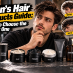 Hair Products Guide featured image showing a male model with textured hair surrounded by men's grooming products, including sea salt spray, texture powder, clay, pomade, wax, gel, and hair oil, with hairstyle examples and StylexMagazine.com branding.