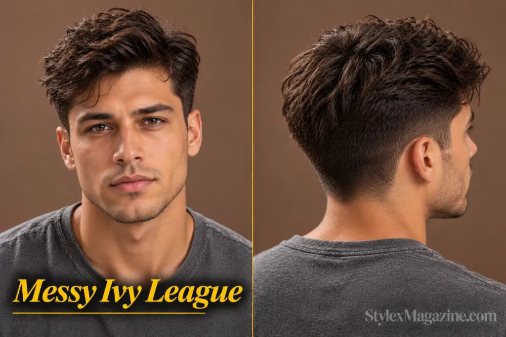 Messy ivy league haircut on a mixed-race man, front view and back-right angle showing finger-styled texture on top with tapered sides