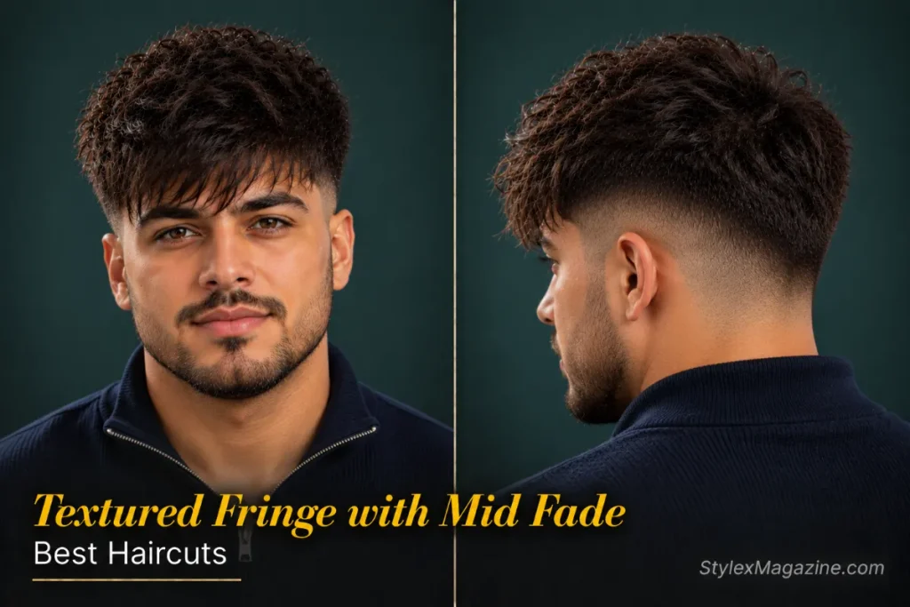 Mid fade textured fringe starting at temple level