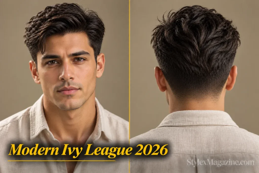  Modern ivy league haircut 2026 on a medium-skinned man, front view and back view showing a low taper with textured matte-finish top