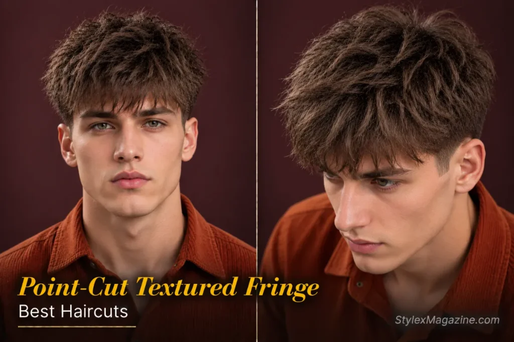 Point-cut textured fringe on thick straight hair