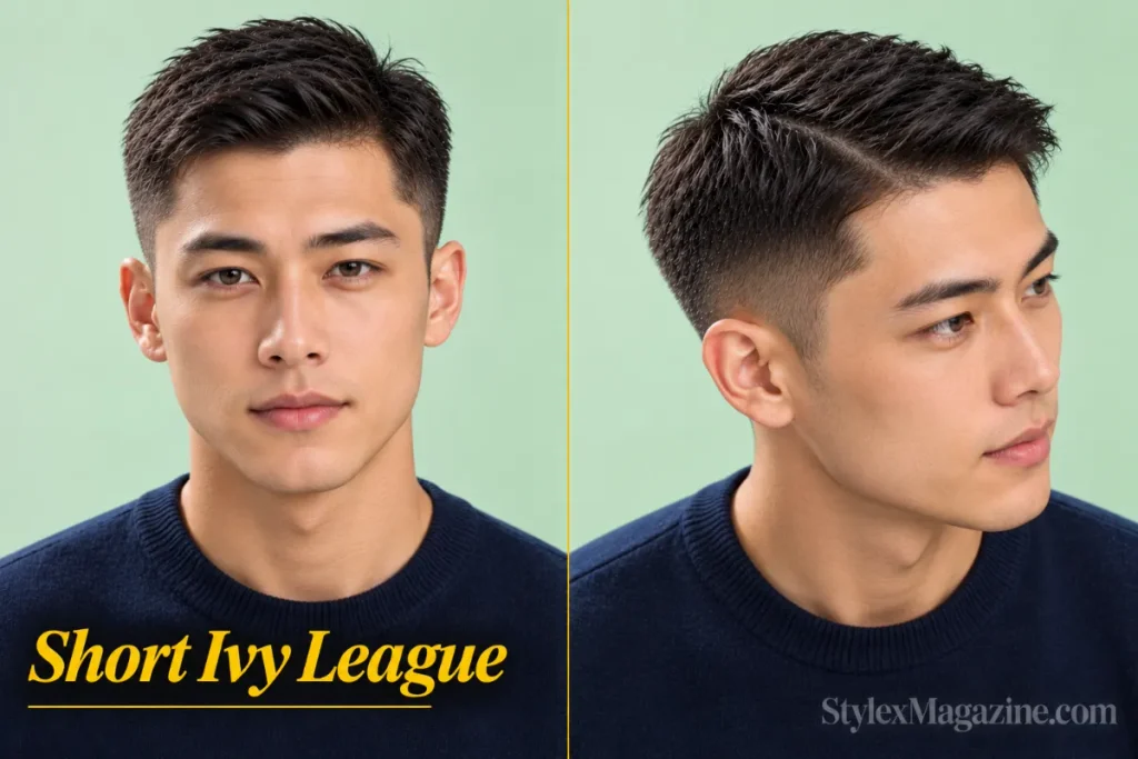  Short ivy league haircut on a young East Asian man, front view and left three-quarter showing minimal length with visible direction 