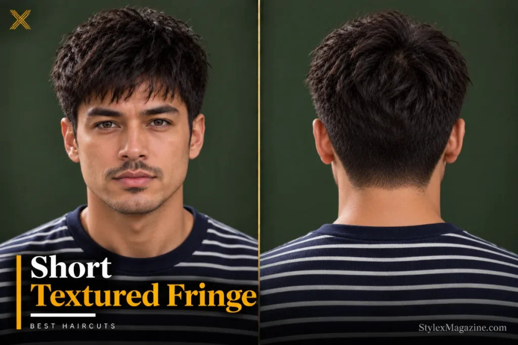 Short textured fringe sitting high on the forehead