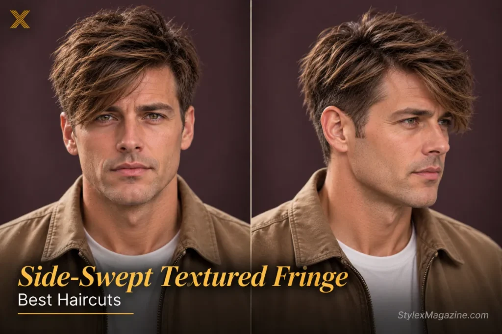  Side-swept textured fringe over receding temples