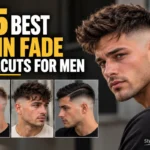 25 Best Skin Fade Haircuts for Men featured image showing Australian male models with modern skin fade hairstyles, including textured tops, curly fringes, and slicked-back styles, with bold yellow and white typography and a StylexMagazine.com watermark in the bottom-right corner.