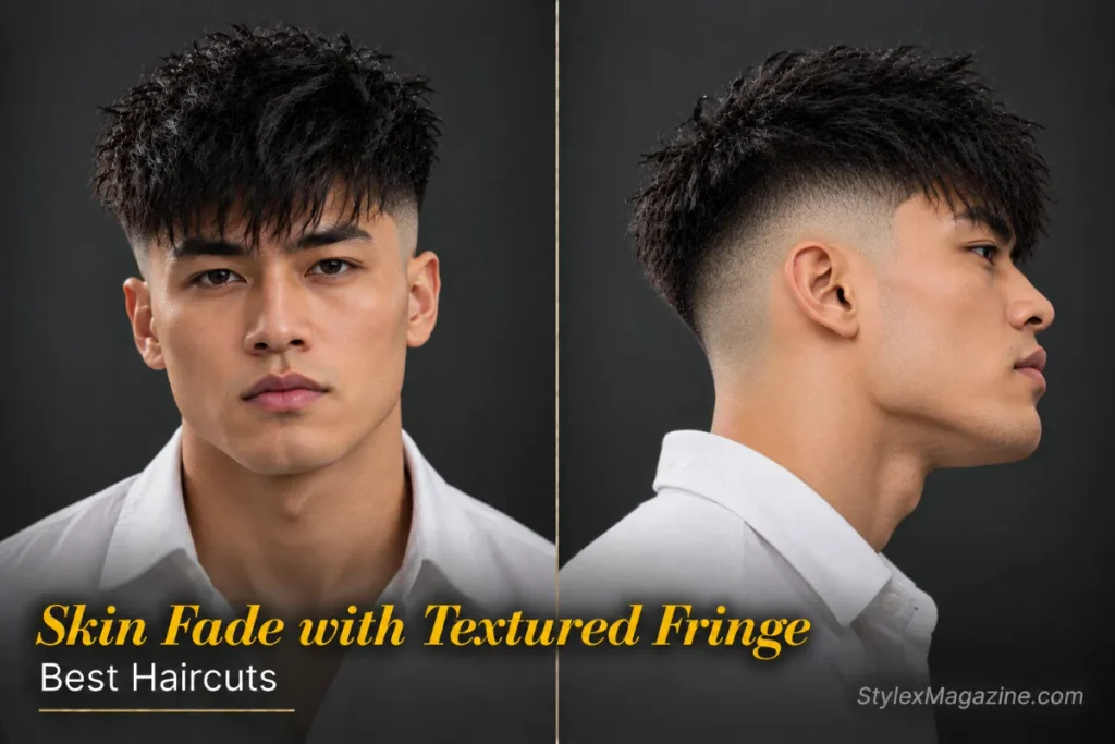 Skin fade with a short point-cut textured fringe